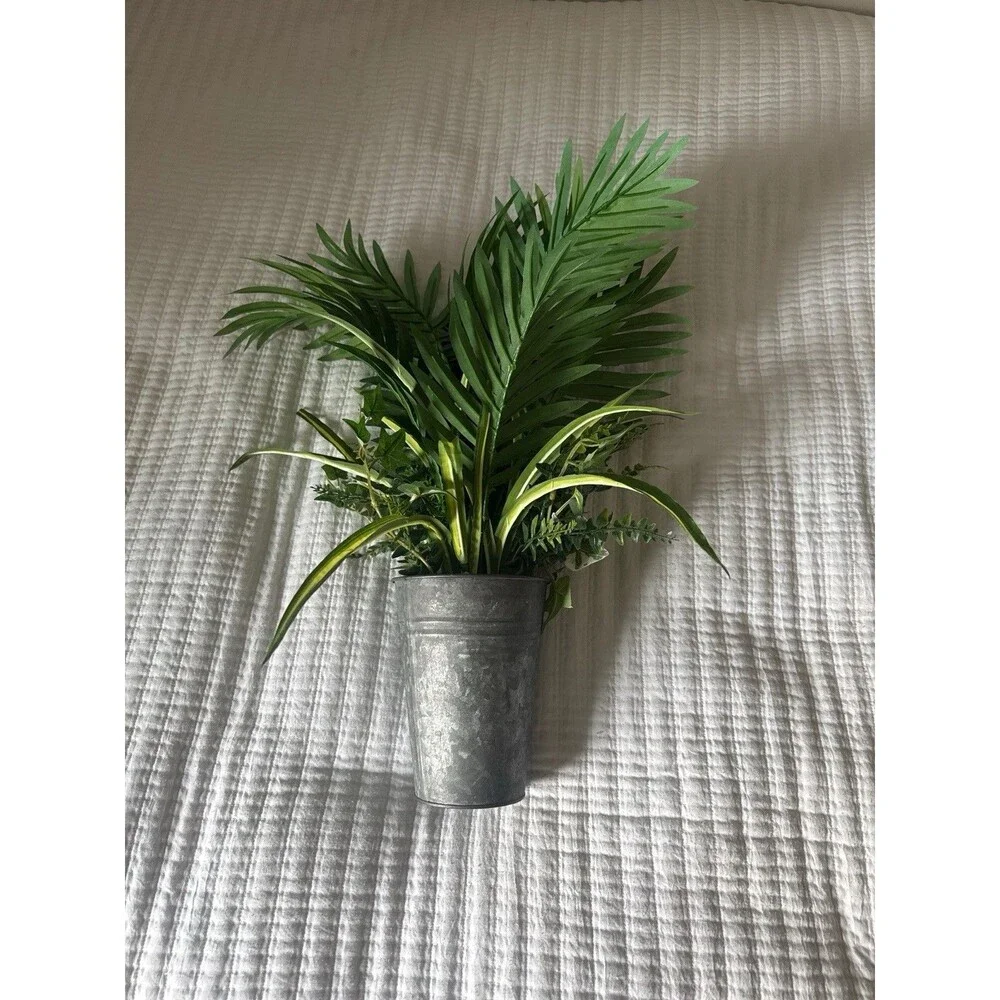 Faux Palm Ivy & Fern Arrangement in Galvanized Tin Bucket – Farmhouse Decor